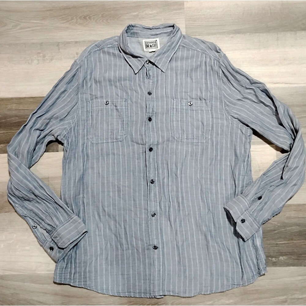 Converse One Star Button Down Shirt Mens XL Blue Striped Cotton Long Sleeve
